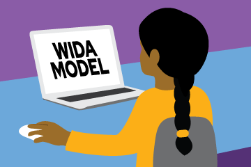 Student sitting at laptop with words “WIDA MODEL” on the screen. 